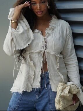 H&M Cream Lace-Up Ruffle Front Top